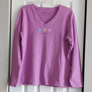 Life Is Good Pink Daisy Long Sleeve V-Neck Crusher Tee Women's Size L